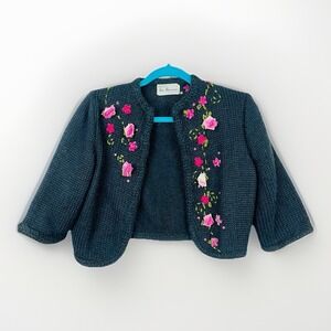 Vintage Lee Herman Cardigan Sweater XS Black Pink Floral Embroidered Open Front